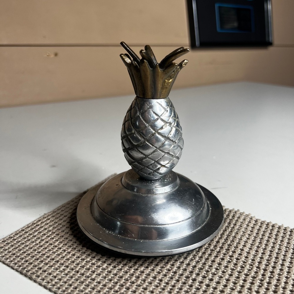 Vintage Metal Pineapple Decor Two Tone Silver Brass Tone Tropical Paperweight